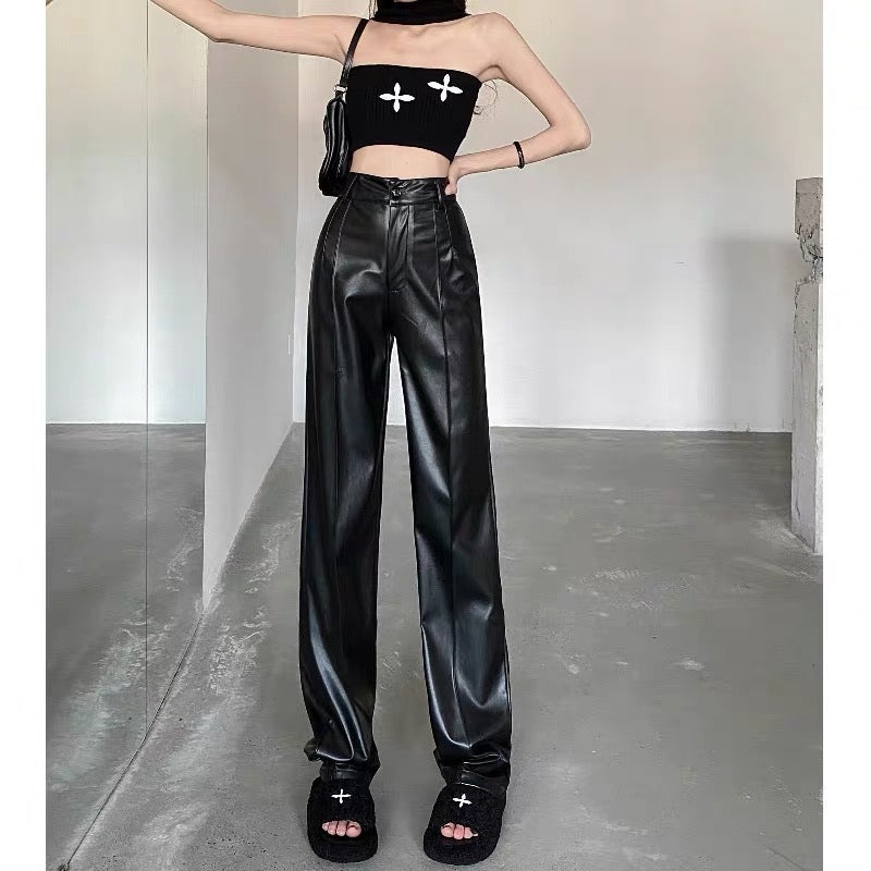 Women's Real Leather Pants High Waist Leather Wide Leg Pants Black