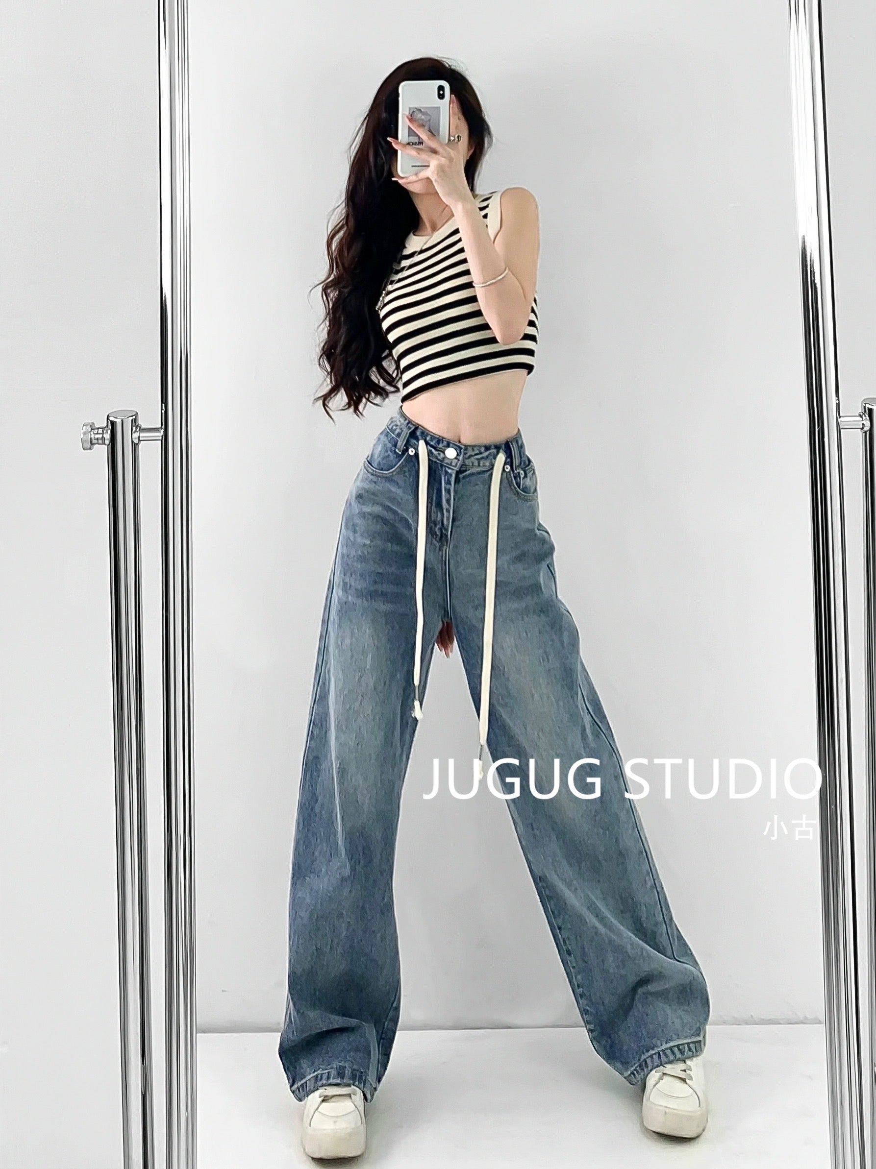 JUGUG2023 spring new wide-leg pants women's retro washed drawstring hi –  Lee Nhi Boutique