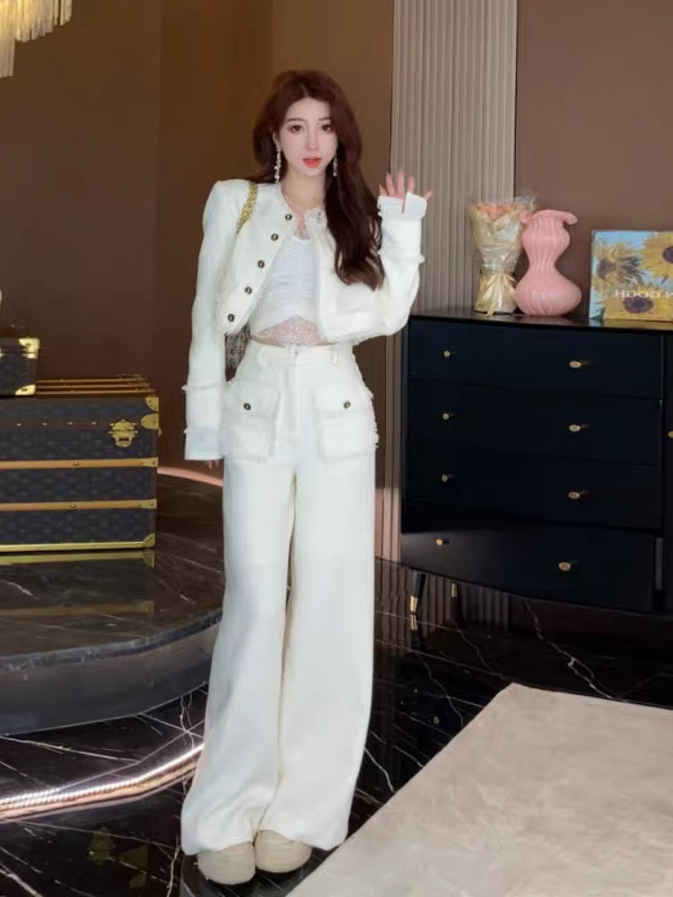 SINGREINY Autumn Senior Women Sets Print Suit Coat+High Waist Wide Leg Long Pants  Suits Office Lady Fashon Two Piece Suits Color: white, Size: XXL