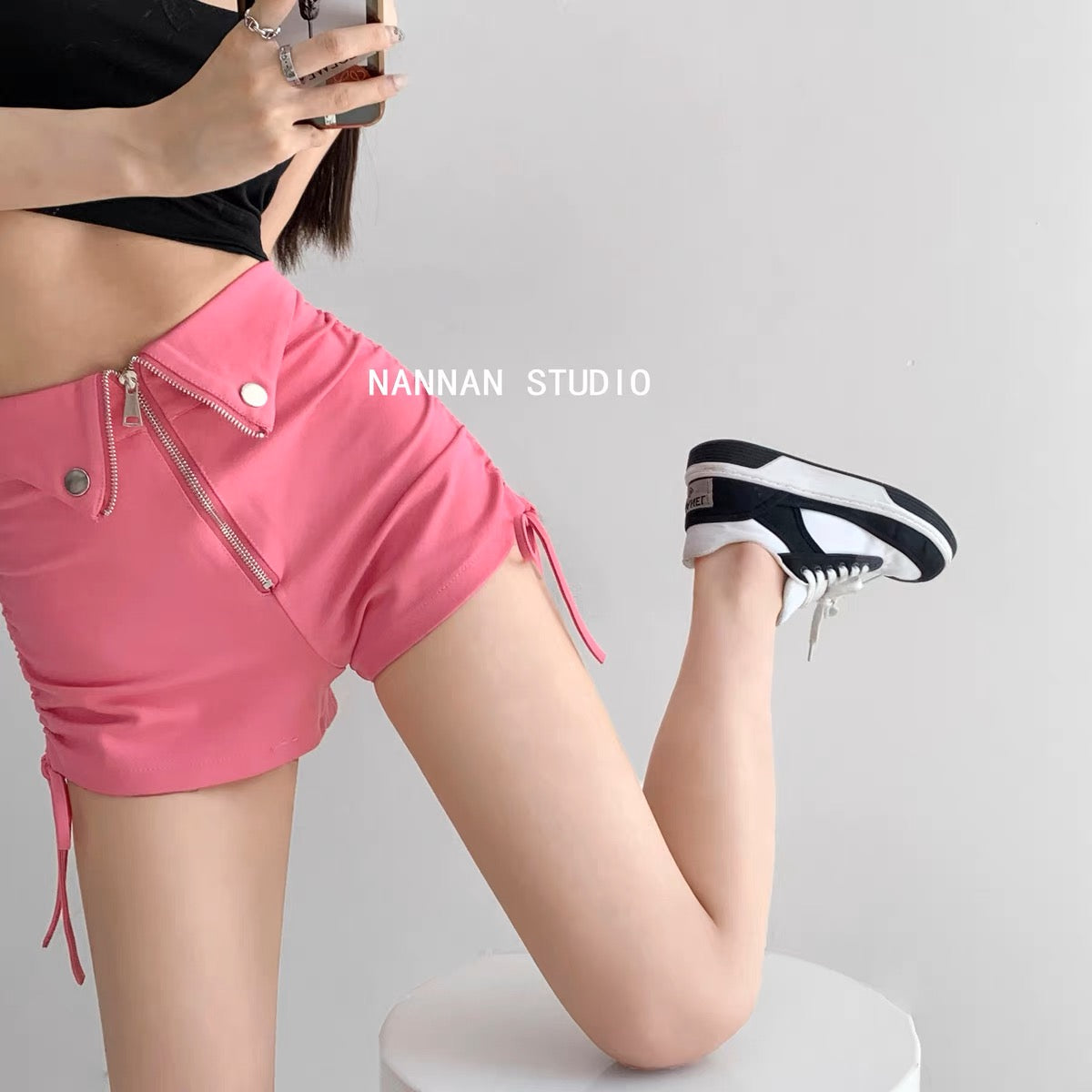 Pure lust style design zipper cuffed high waist hot pants for women summer  hot girls tight sexy side drawstring pleated shorts (S0817)