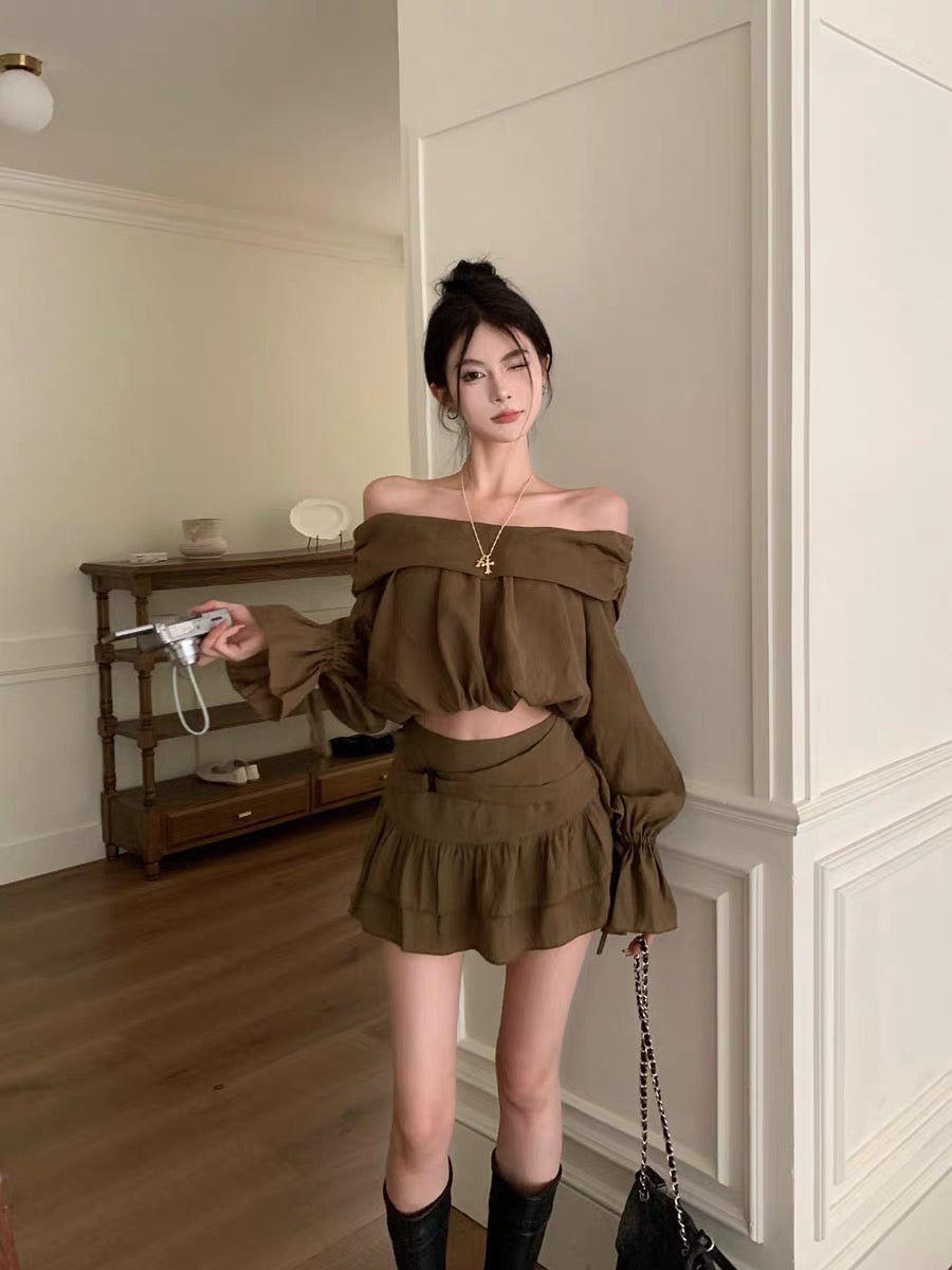 Two Piece Set Women Outfit Lapel Long Sleeved Loose Pleated Casual