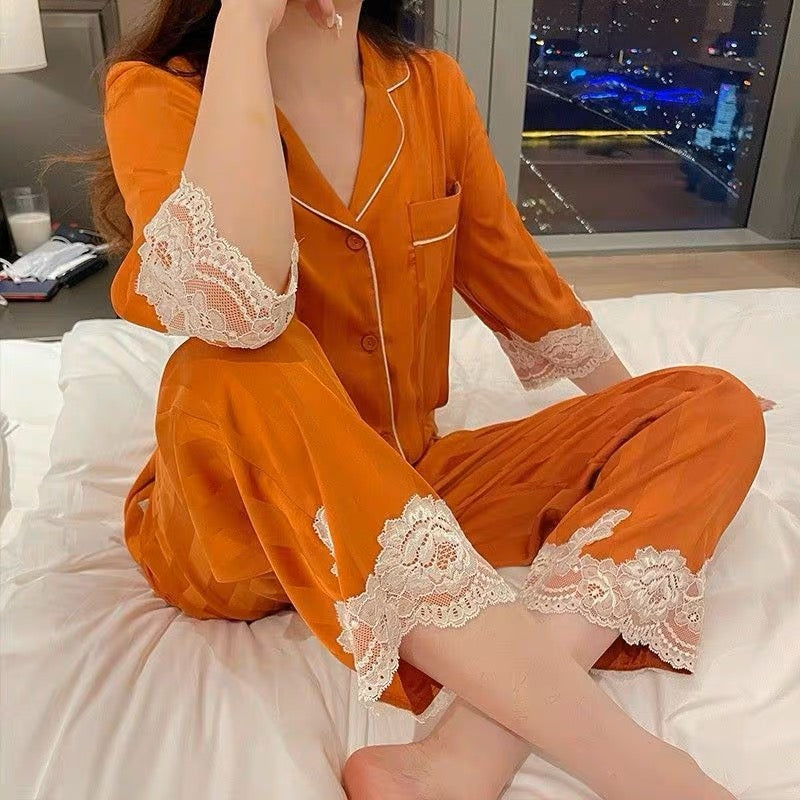 Japanese ins ice silk sexy luxury pajamas for women 2023 spring and autumn  silk long-sleeved suit thin home clothes