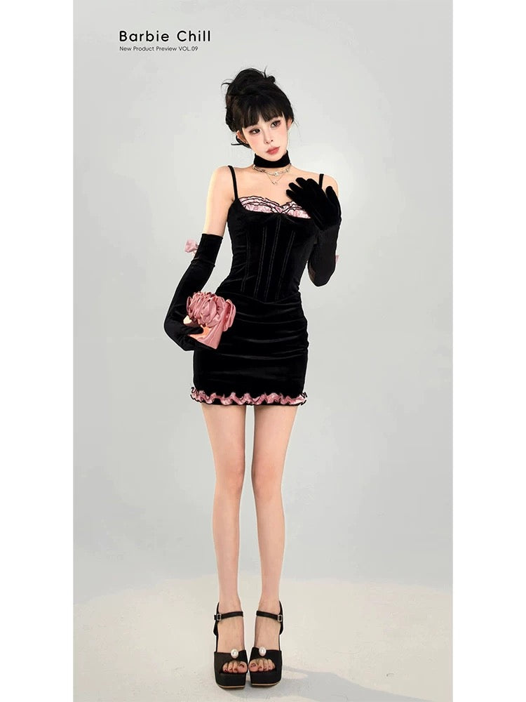 Aunt Barbie bow suspender dress female autumn hot girl tight sexy