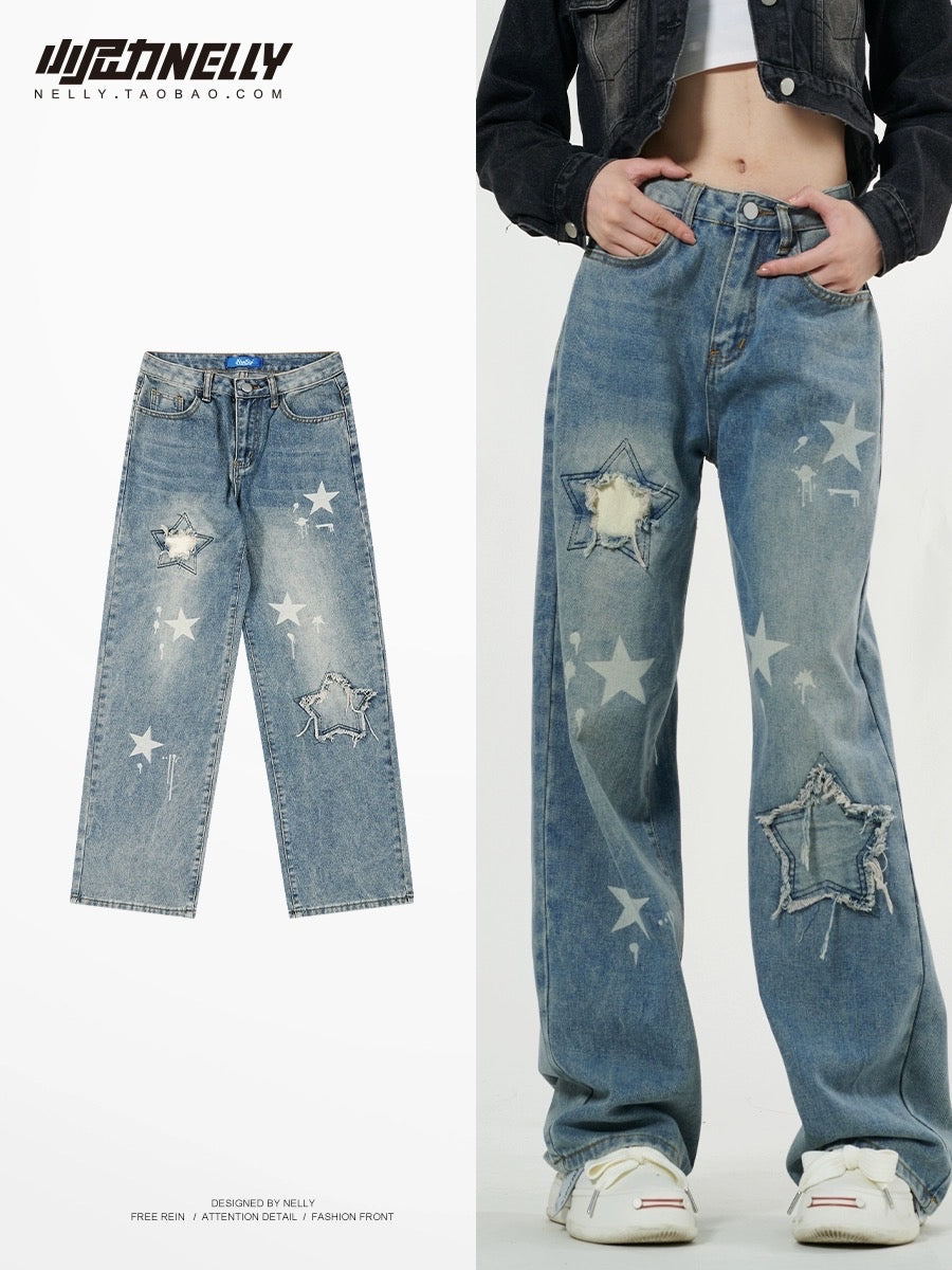 Five-pointed star patch jeans men's autumn and summer American style h –  Lee Nhi Boutique