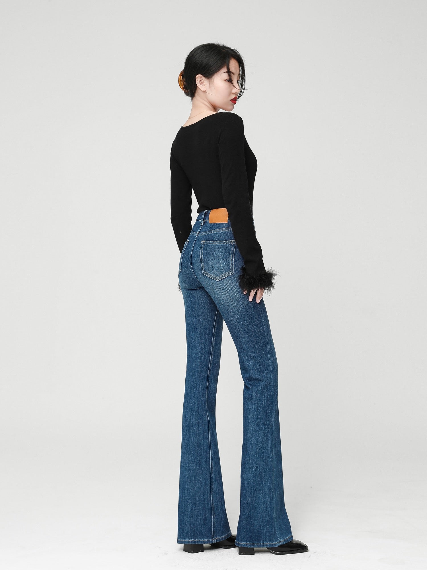 Cheap Women Fashion Denim Long Pants High Waist Bell Bottom Slim