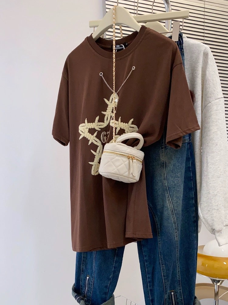 JWNEED star embroidered couple dress T-shirt female summer loose