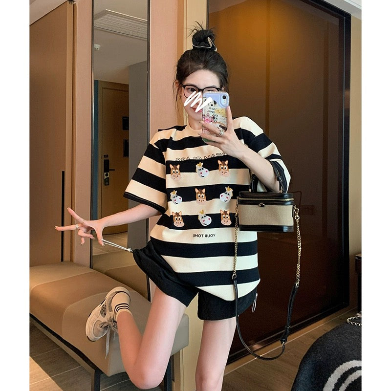 Striped short-sleeved t-shirt women's summer 2023 new American style r –  Lee Nhi Boutique