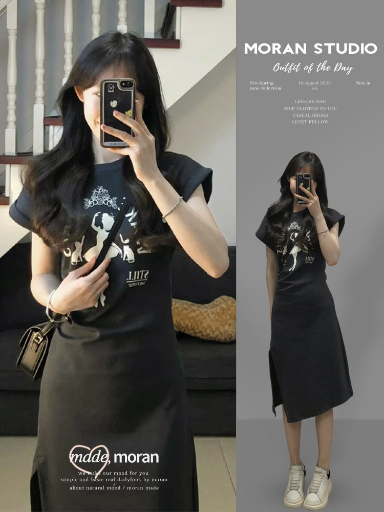 American printing casual style t-shirt dress women's summer waist slim –  Lee Nhi Boutique