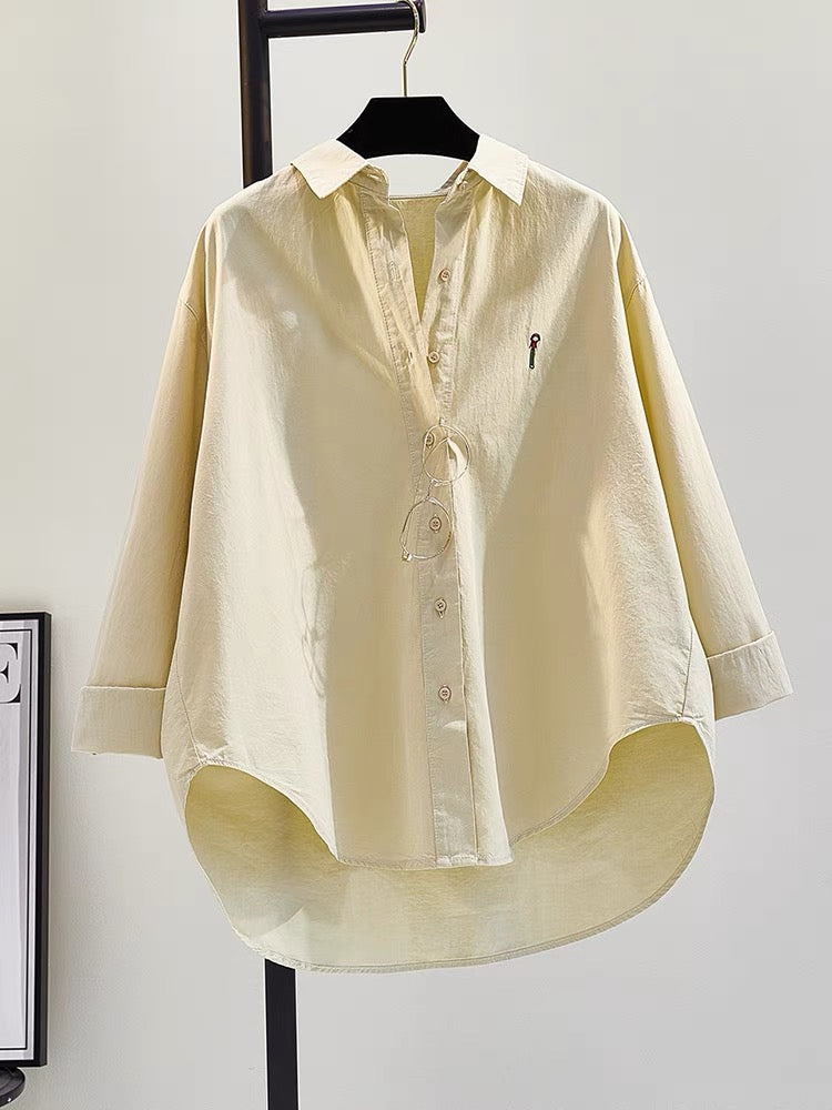 Khaki early autumn cotton shirt women 2023 loose casual embroidery