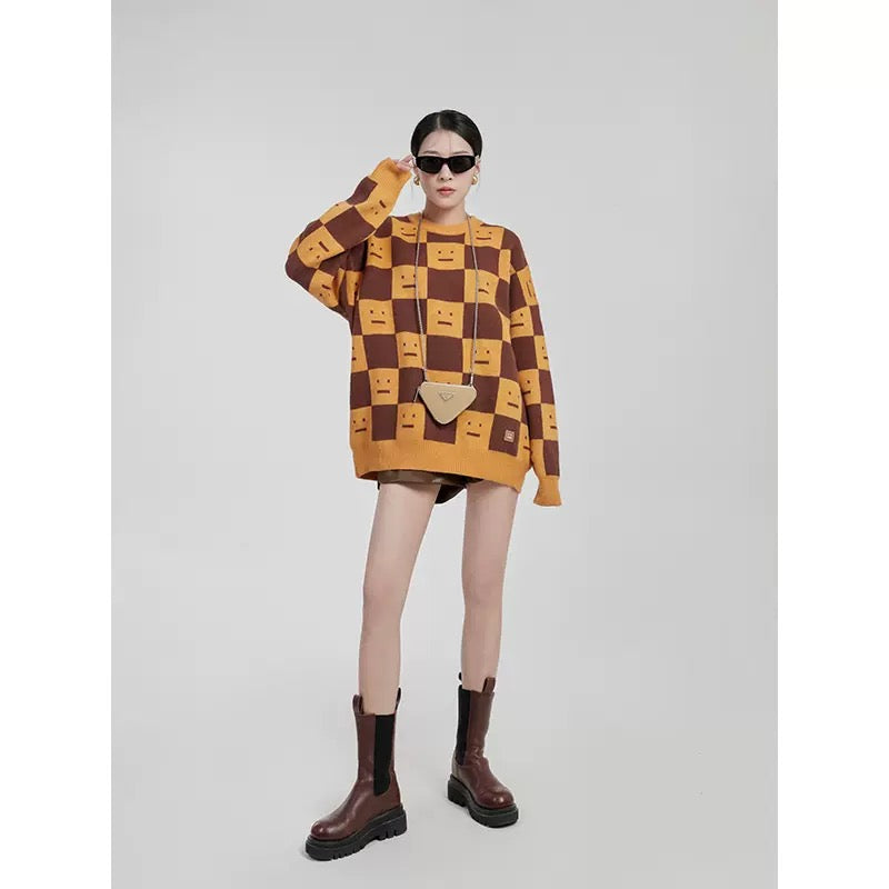 Checkerboard Long Sleeve Top 2023 Early Autumn Korean Fashion Lazy Wind  V-neck Sweater Plaid Knitted Vintage Cardigans Women