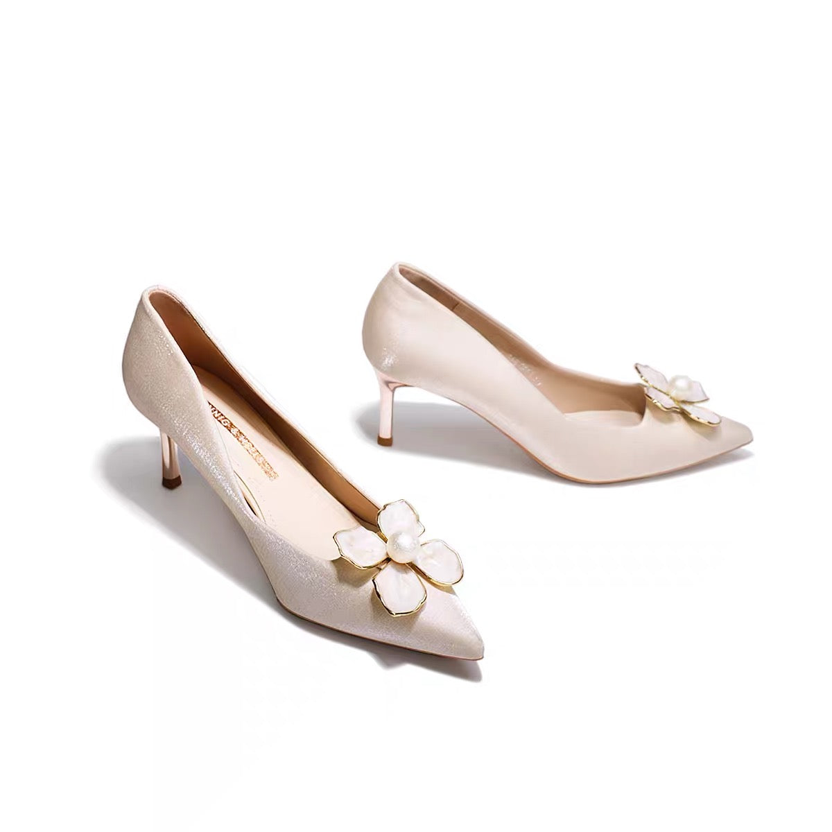 AUENODLS French nude white flower pearl pointed high-heeled single sho –  Lee Nhi Boutique