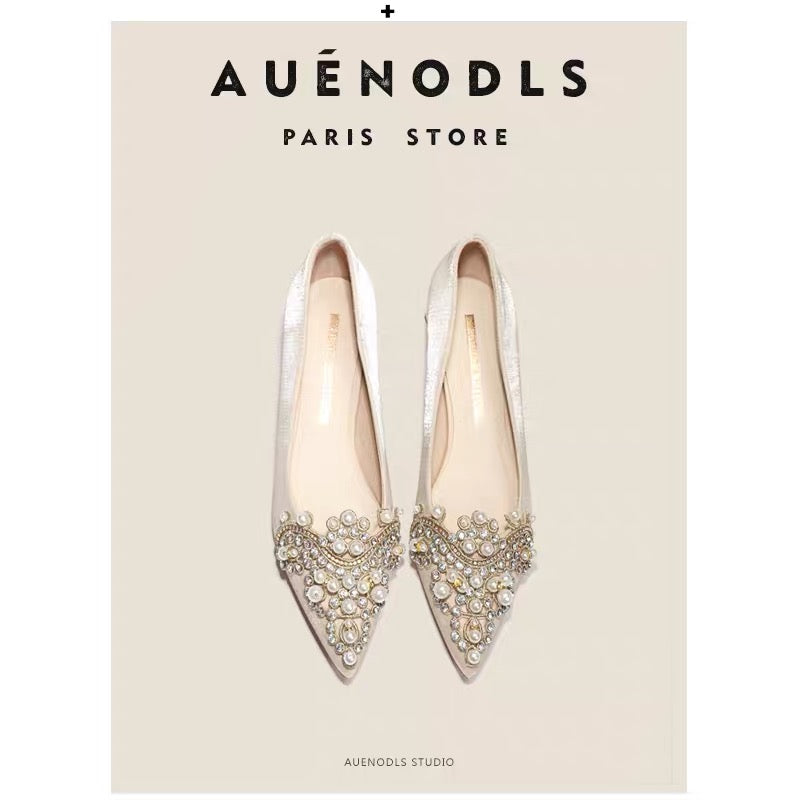 AUENODLS French nude apricot pearl pointed high heeled thick