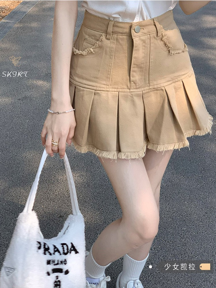 American retro khaki denim skirt female spring 2023 new A-line