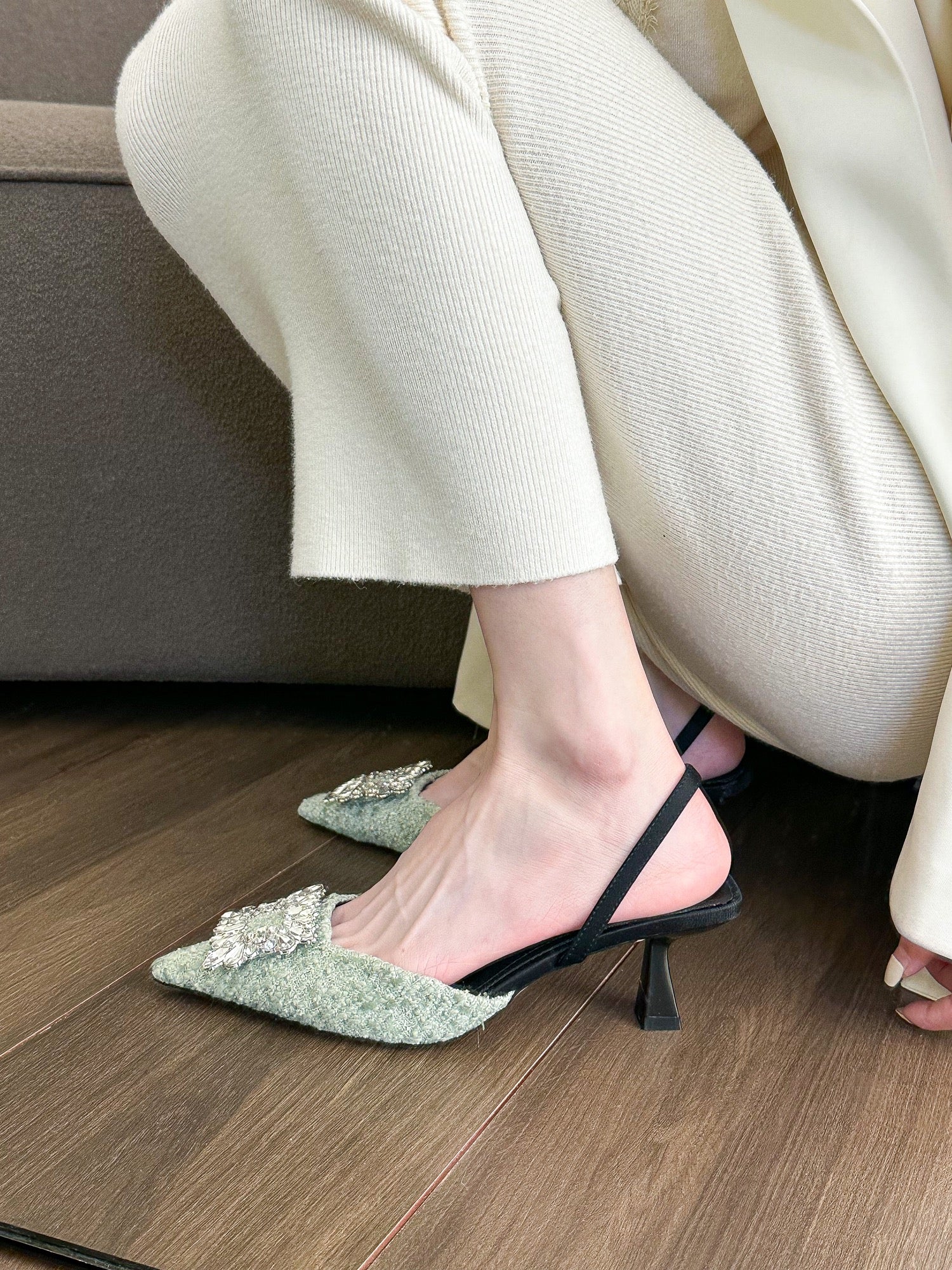 2022 New High Heels Rhinestone Women's Shoes Silks Pointed