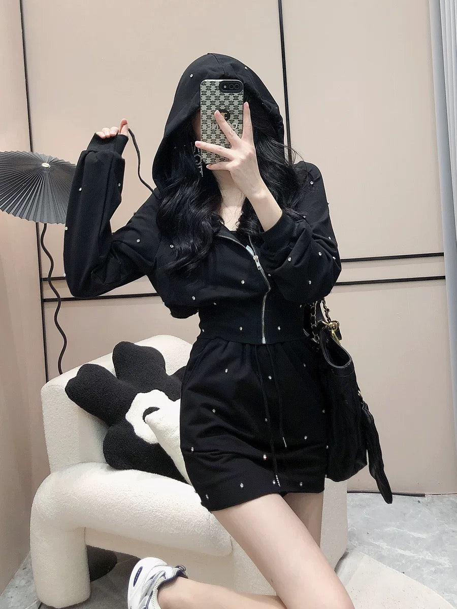 Playful Korean suit women s autumn diamond studded thin hooded