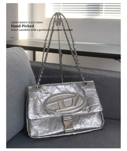 Silver tote bag women's large-capacity commuter bag high-quality texture hand-grip wrinkled soft leather chain hobo bag