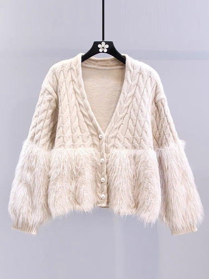 Xiaoxiangfeng mink velvet spliced sweater jacket for women autumn and winter 2023 new loose, gentle and high-end knitted cardigan