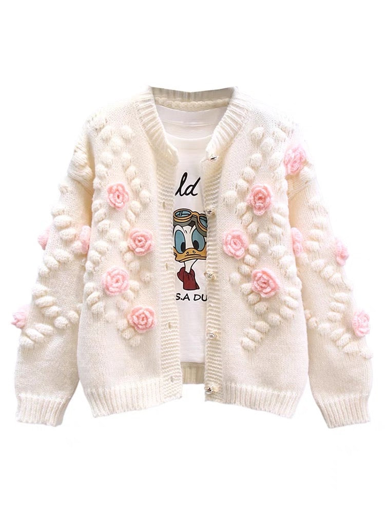 Gentle style design three-dimensional flower sweater cardigan for women autumn and winter 2023 new Japanese loose knitted cardigan