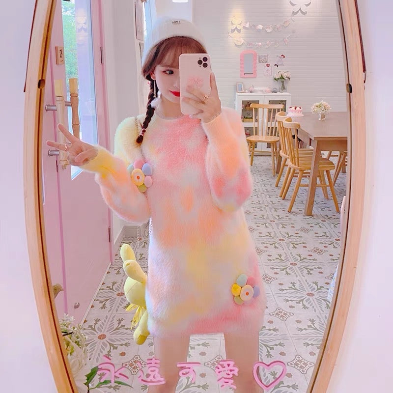 Sweet rainbow gradient mink mid-length sweater dress Korean style ins gentle three-dimensional flower style sweater