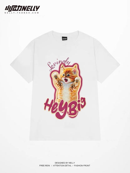 American retro oversize printed cat short-sleeved T-shirts for men and women with different designs for lovers