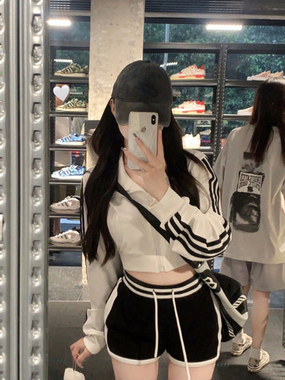 Spice Girls Sports Style Contrast Color Short Long Sleeve Sunscreen Jacket Drawstring Shorts Female Summer New Early Autumn Fashion Suit