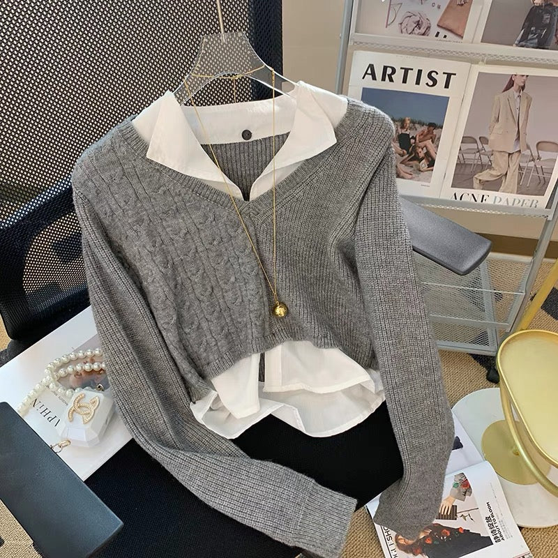 2023 Early Autumn New Short Fake Two-piece Knitted Top Design Slim College Style Retro Shirt Collar Sweater V1127