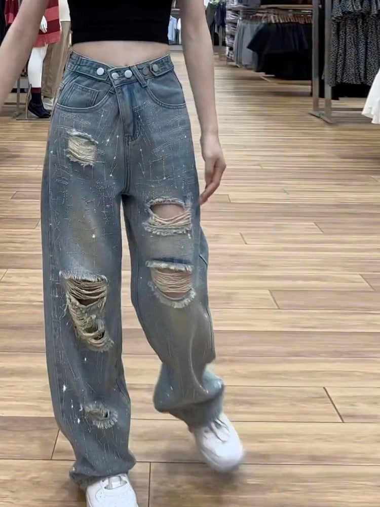 Blue high waist ripped straight jeans women's summer new large size pear-shaped body design diamond wide leg pants