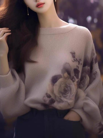 2023 new European goods beautiful design tops high-end small purple printed sweaters sweaters for women autumn (D7815)