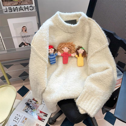 Korean style super good-looking three-dimensional cartoon doll soft waxy sweater men and women autumn and winter lazy style small knitted sweater top