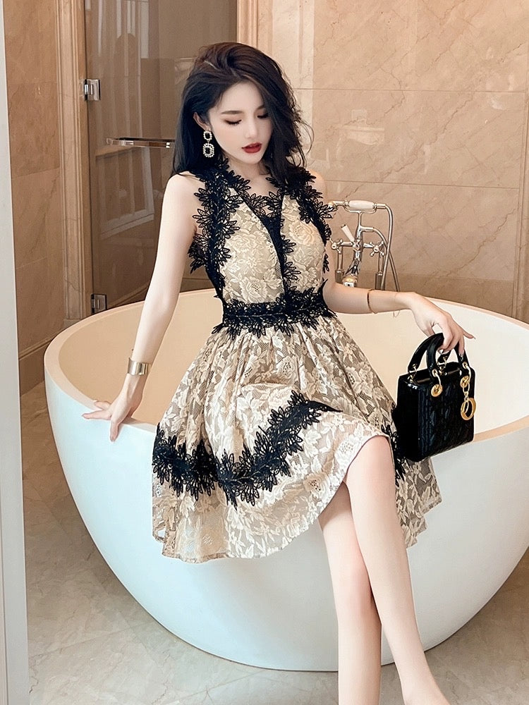 French high-end unique and beautiful lace dress elegant temperament goddess fan waist sleeveless V-neck princess dress