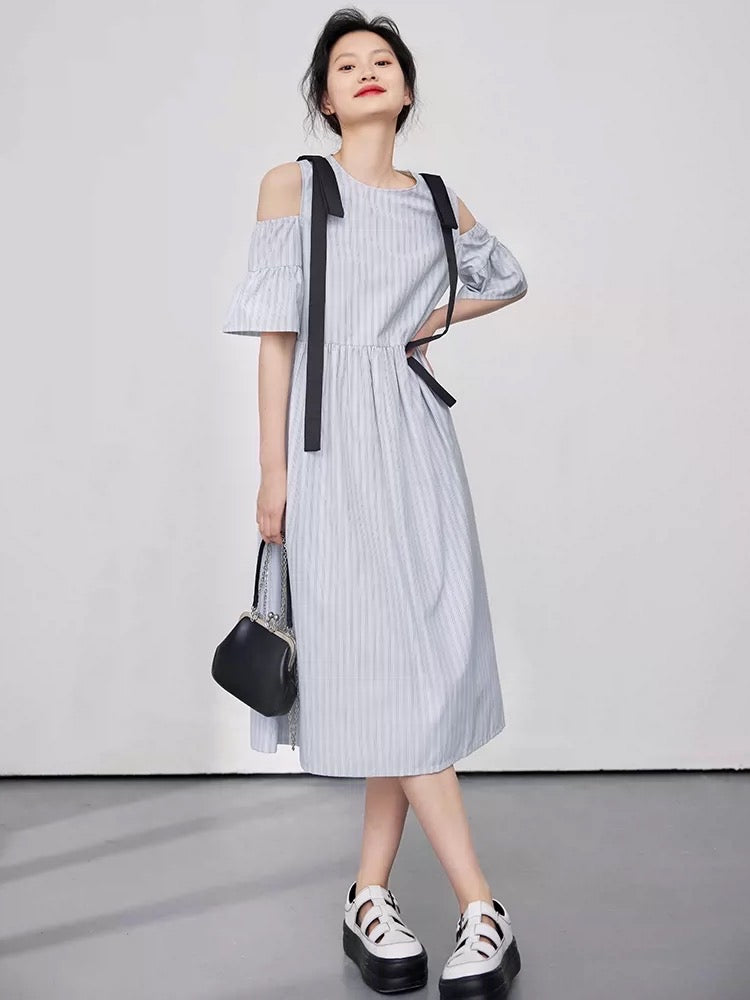 Off-the-shoulder dress women's summer slimming bowknot women's striped summer dress mid-length temperament niche skirt summer skirt