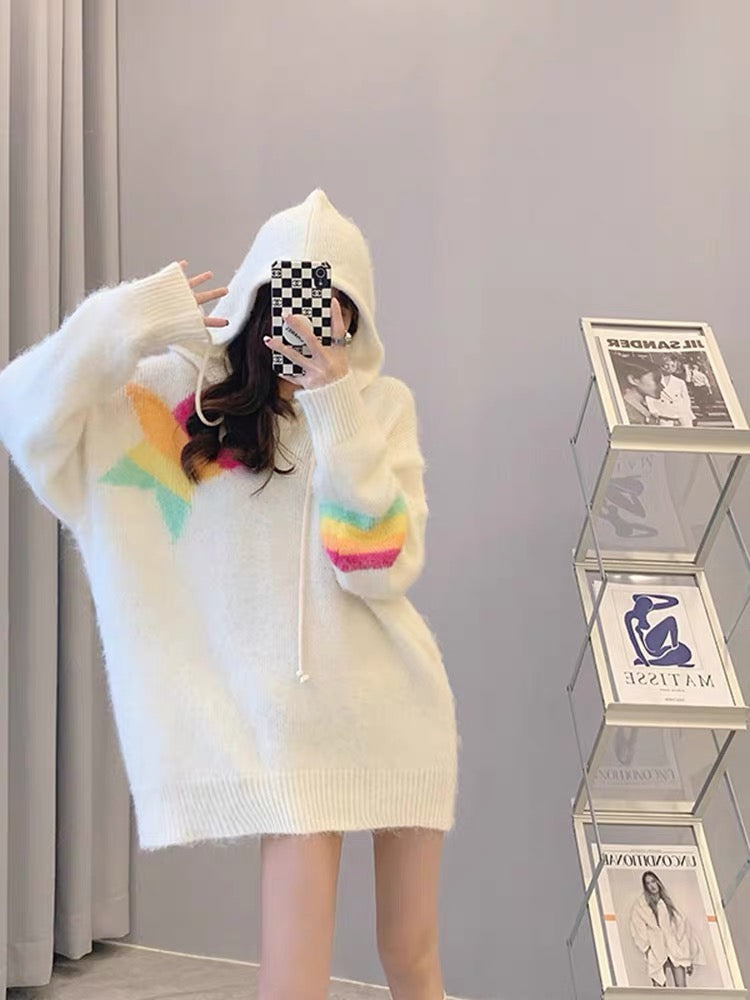 Gentle and windy mohair color-blocked hooded sweater for women in winter, warm, high-end, chic and age-reducing top ins T3453