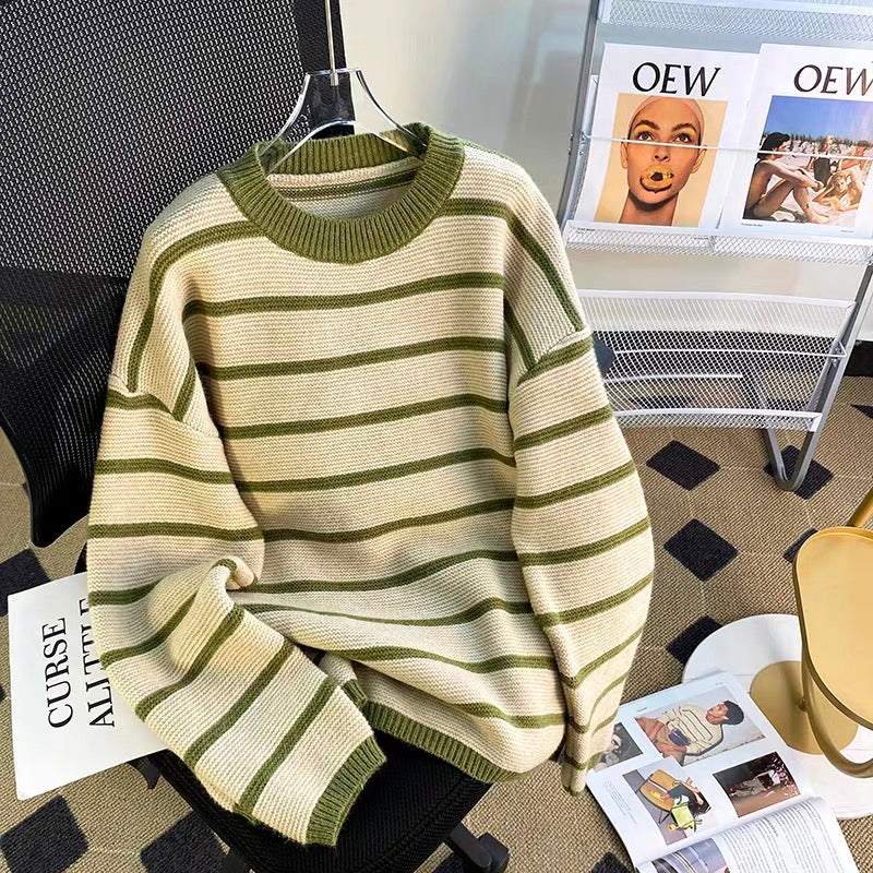 Retro shawl striped thickened sweater for women autumn and winter 2023 new loose design niche outer wear sweater