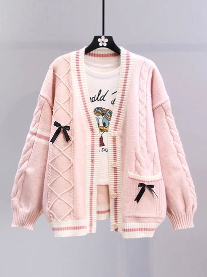 Japanese bowknot sweater coat women autumn and winter 2023 new loose lazy style design sense age-reducing knitted cardigan