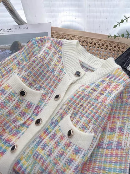 Fluffy 2023 new spring clothing small fragrance design niche colorful plaid knitted cardigan sweater women's tops (S149)