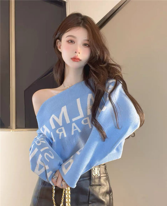 Pink soft waxy lazy sweater women's autumn and winter pure desire hot girl one-shoulder top design sense niche knitted bottoming shirt