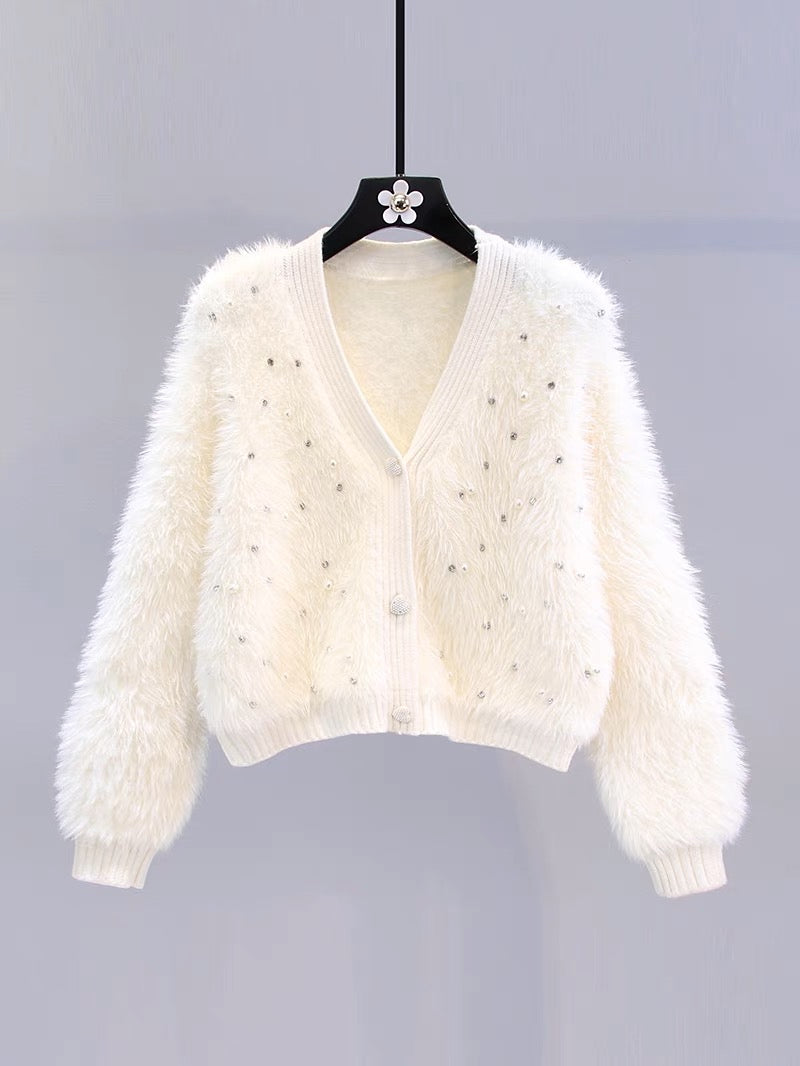 Xiaoxiangfeng beaded imitation mink velvet sweater jacket for women autumn and winter 2023 new loose short V-neck knitted cardigan