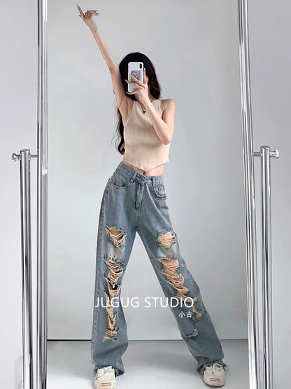 JUGUG2023 summer ripped jeans women's light-colored washed design sense rivets loose wide-leg mopping trousers