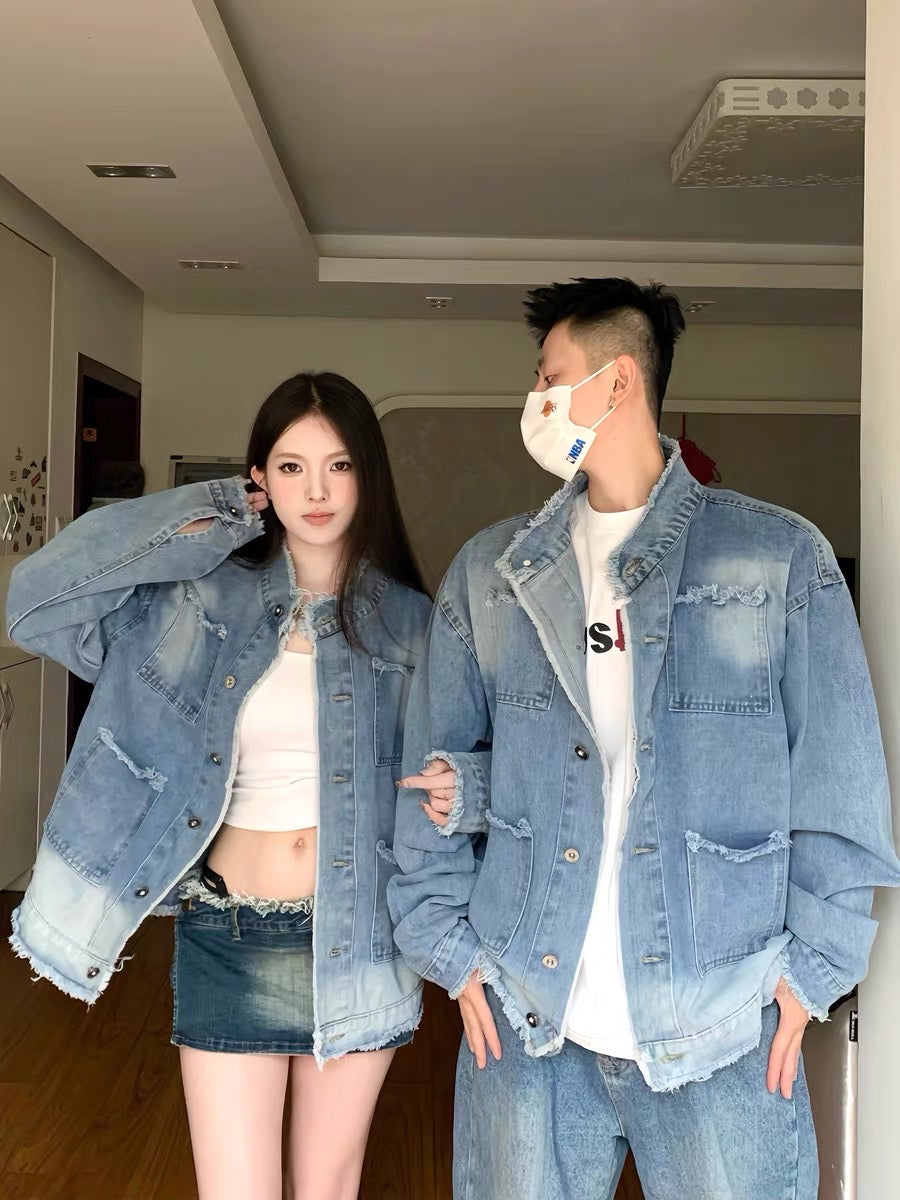 Raw edge stand collar washed denim jacket men's autumn 2023 new multi-pocket retro old gradient couple jacket