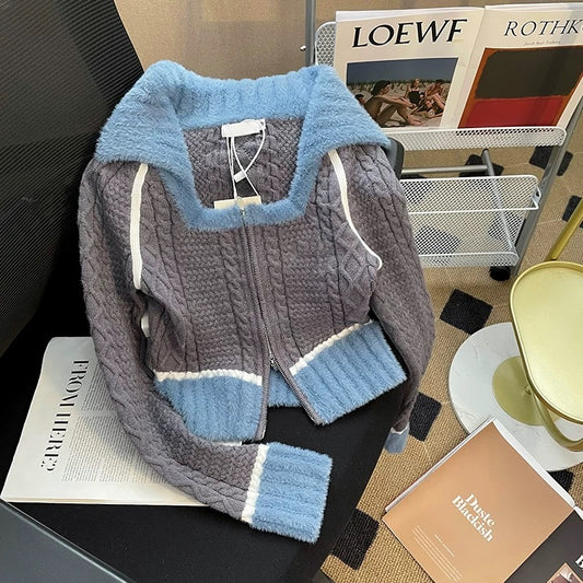 Sweet cool girl design short knitted cardigan autumn and winter new color matching slim slim long-sleeved sweater bottoming shirt