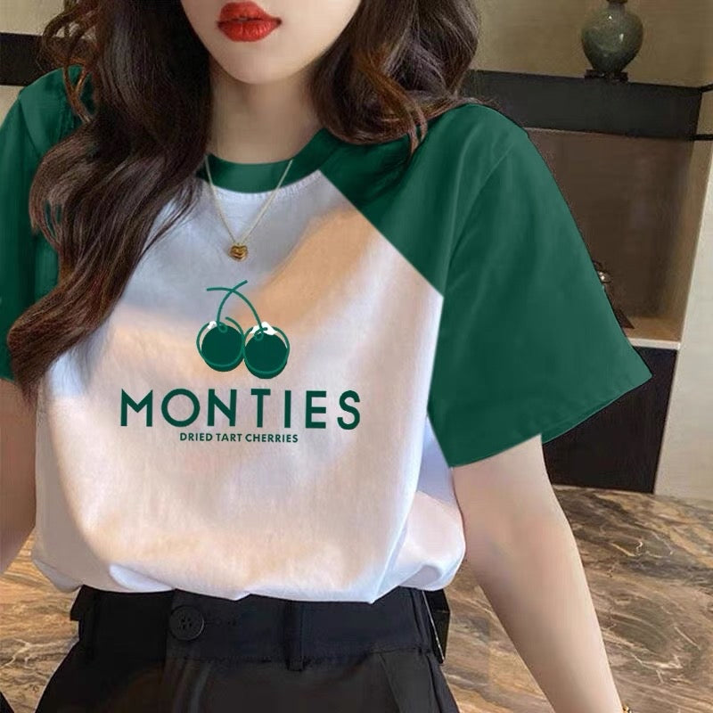 Splicing and contrasting color front shoulder pure cotton short-sleeved t-shirt women's 2023 summer new loose tops niche design trendy