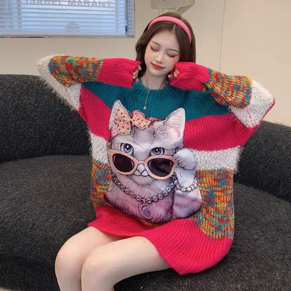 European long-sleeved sweater for women, thickened new style, loose Korean version, heavy industry cat print, mid-length large size sweater T3440