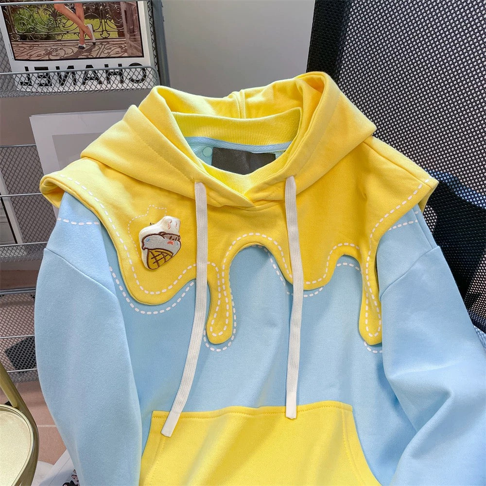 Super cute and cute patchwork contrast color hooded sweatshirt for men and women in spring and autumn, high-end and age-reducing tops and jackets