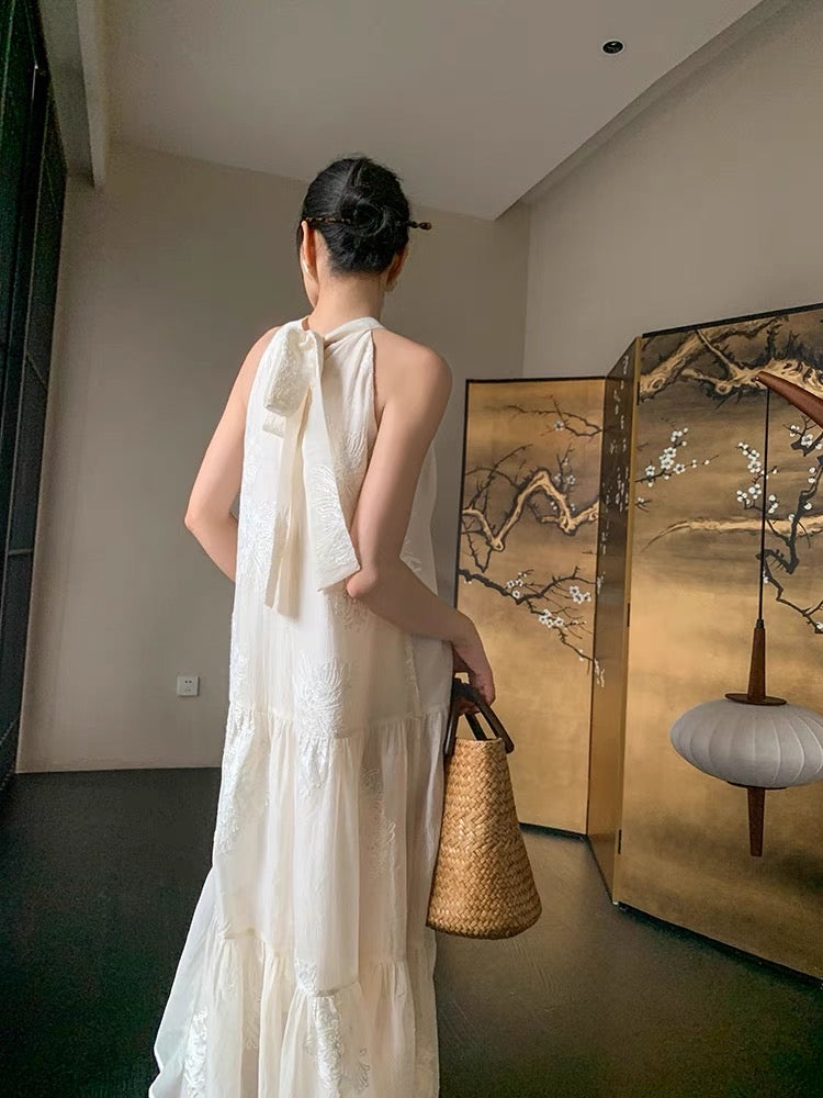 JWUNIQUE White Sleeveless Dig Shoulder Hanging Neck Dress Women's Summer 2023 Temperament New Chinese Style National Style Long Skirt