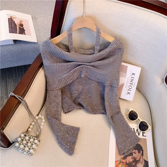 Korean style high-end sweet and spicy halterneck gray one-shoulder slim short long-sleeved sweater outer top for women in autumn and winter