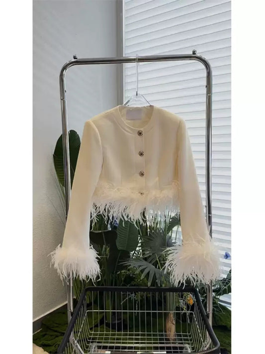 Buyer store 2023 autumn and winter new style feather splicing knitted sweater women's unique and chic slimming cardigan jacket T9796