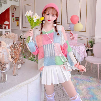 Autumn sweet and gentle wind-iron thin sweater for women, loose and slim mid-length candy-colored sweater