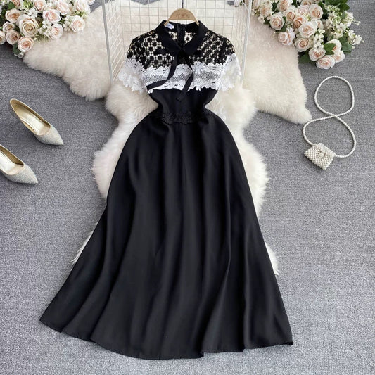 European catwalk style lapel lace patchwork waist a-line dress celebrity black dress long skirt summer