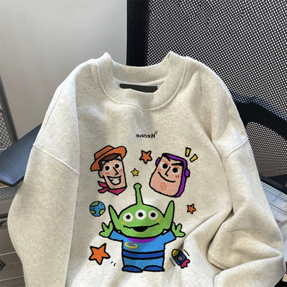 American lazy chic Buzz Lightyear cartoon sweatshirt for men and women autumn and winter couples plus velvet thickened straight shoulder inner top