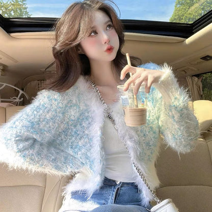 Xiaoxiangfeng high-end gentle plush splicing long-sleeved sweater jacket for women in autumn and winter, unique and slim trendy top